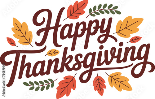 Warm autumn leaves frame festive "Happy Thanksgiving" greeting