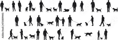 Silhouettes of people walking dogs, pet interaction scenes, outdoor activity, leash handling, companionship, playful gesture, animal care, movement, bonding