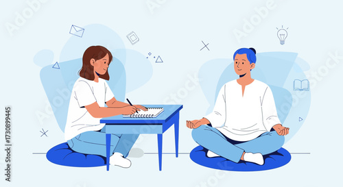 Creative collaboration woman writing at desk and man meditating promoting well being synergy