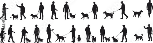 Silhouettes of people with dogs, playful interaction scenes, walking, fetching, companionship, pet care, child and dog bonding, outdoor activity