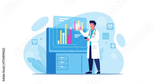 Doctor analyzing patient data and health statistics on a digital interface technology