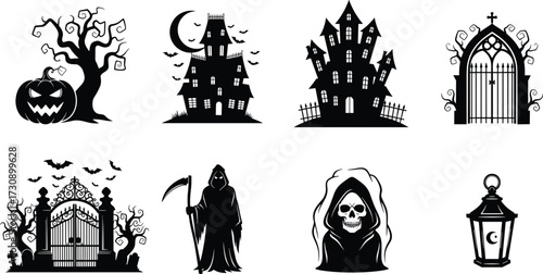 Halloween spooky icon set with haunted houses, grim reaper, gates, jack-o'-lanterns, bats, ghost, and lantern in black vector style