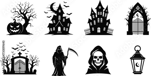 Halloween spooky silhouette set with haunted houses, grim reaper, gates, jack-o'-lanterns, bats, ghost, and lantern in vector style