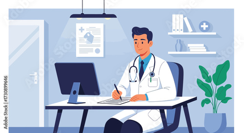 Doctor at Work Cartoon Illustration of Healthcare Professional in the Office setting