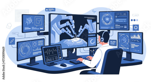 Doctor conducting robotic surgery with advanced technology and multiple computer screens showing