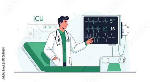 Doctor in Intensive Care Unit Analyzing Patient's Vital Signs on Monitor Display in Hospital setting