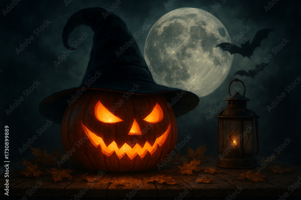 Fototapeta premium Jack-o'-lantern wearing a witch hat with an evil glowing grin next to a rustic lantern on a wooden table under a full moon halloween