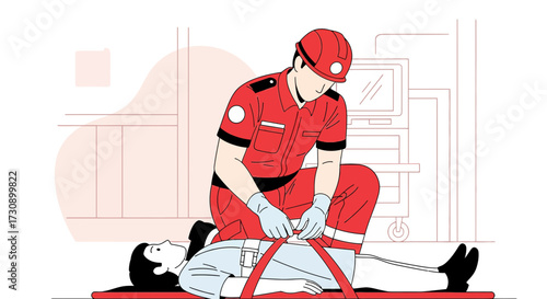 Emergency medical technician securing a patient on a stretcher for safe transport