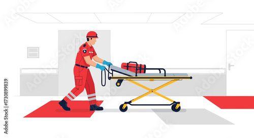 Emergency medical technician transports stretcher in modern hospital setting illustration