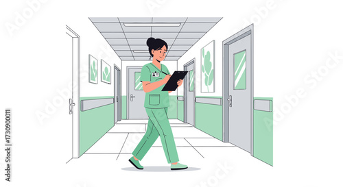 Female Nurse Walking Down Hospital Hallway While Taking Notes on Clipboard Illustration