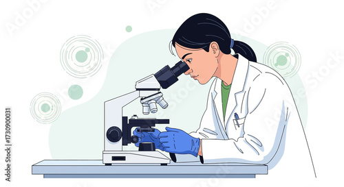 Female scientist using microscope in laboratory conducting research analysis and development for