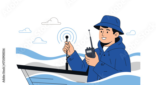 Fisherman communicating with radio transmitter on a boat illustration with a smile