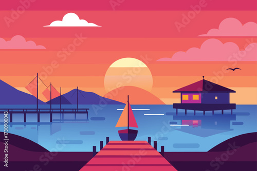 Anime Seaside Pier Landscape with Boats