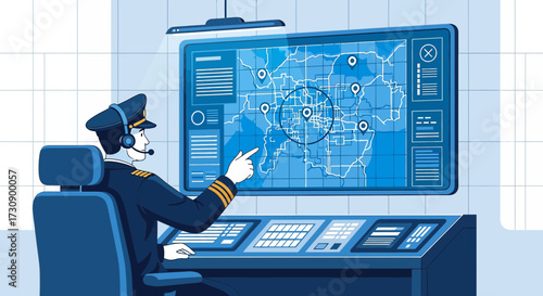 Flight controller monitoring the city on a screen in a control room, ensuring aviation safety and