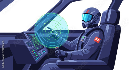 Futuristic Pilot Navigating a Spaceship with Holographic Radar and Advanced Technology Interface