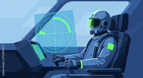 Futuristic Pilot Navigating with Advanced Technology in a Spacecraft Cockpit Scene