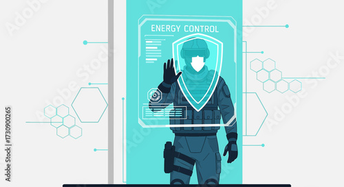 Futuristic soldier with energy control interface enhancing security measures and preparedness for