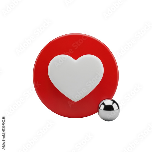 Volumetric, high-gloss white heart icon precisely centered in a vibrant red circular button, with a polished chrome sphere, isolated on a transparent background, commercial design concept