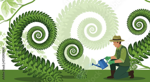Gardener tending to unique fern spirals in a whimsical garden illustration