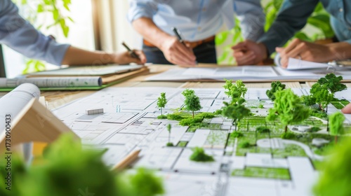 Collaboration of Professionals in Urban Planning with Detailed Landscape Model and Project Blueprints on Table