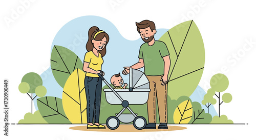 Happy family enjoying a walk with their baby in a stroller in a park setting illustration