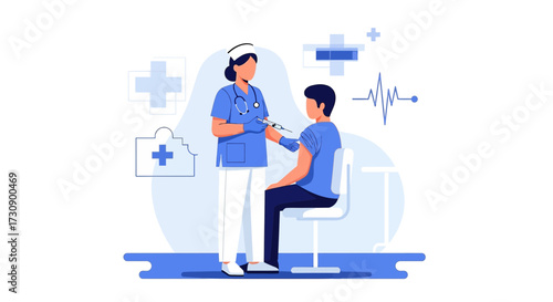 Healthcare professional administering vaccine to patient in a clinic setting illustration