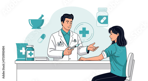 Healthcare professional administering vaccine injection to patient in medical office setting