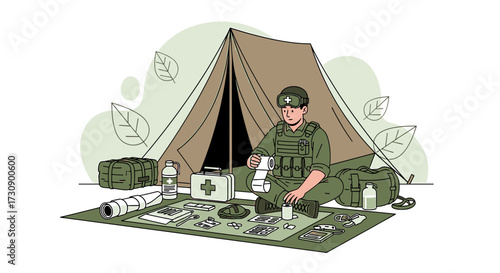 Illustrated soldier provides medical care in a camp setting illustration style vector graphic