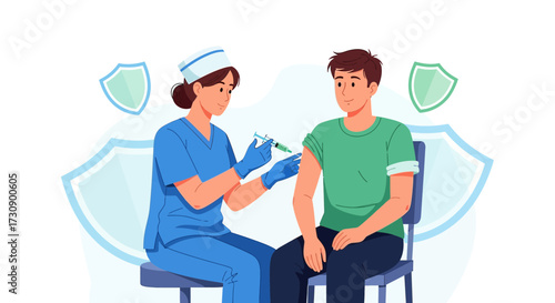 Illustration depicting a nurse administering a vaccine to a patient providing immunity and