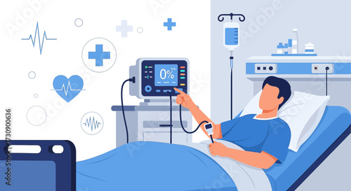 Illustration depicting a patient in a hospital bed connected to medical equipment for monitoring