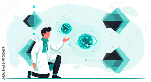 Illustration depicting a scientist in a lab coat with futuristic elements and planets