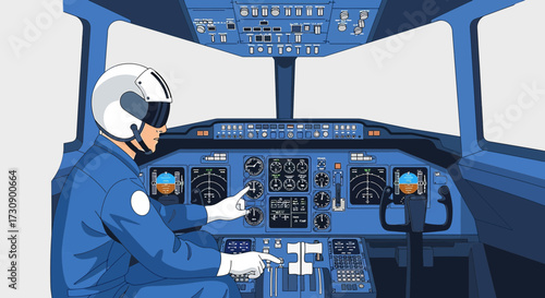 Illustration depicting a pilot in the cockpit of an airplane, showing control panels and