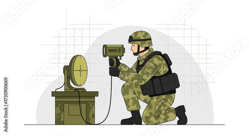 Illustration depicting a soldier using advanced radar technology in a tactical military situation