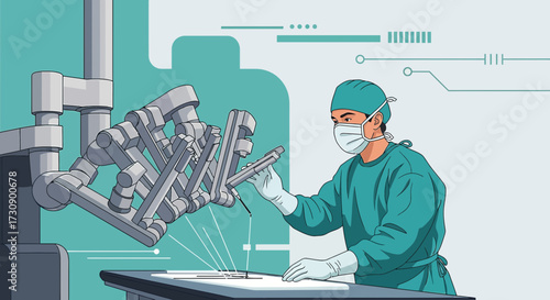 Illustration depicting robotic surgery with a surgeon operating the machine in teal and gray tones