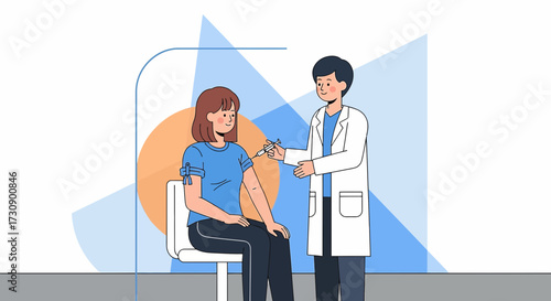 Illustration of a doctor administering a vaccine to a patient in a medical setting promoting