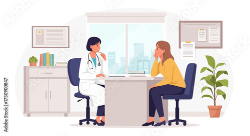 Illustration of a doctor consulting with a female patient in a bright office setting