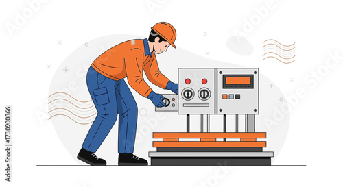Illustration of a factory worker operating industrial machinery with safety equipment