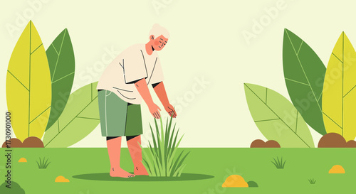 Illustration of a man tending to plants in a garden with large leaves around him