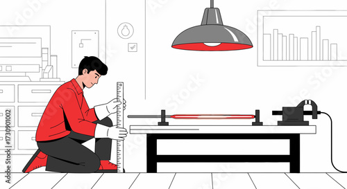 Illustration of a Man Measuring a Heated Rod in a Workshop for Scientific Purpose