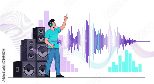 Illustration of a man with headphones listening to music near speakers and sound waves