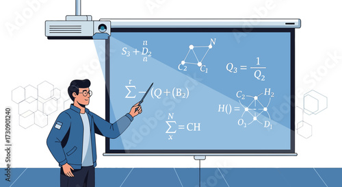Illustration of a professor teaching a complex mathematical equation with projector screen in
