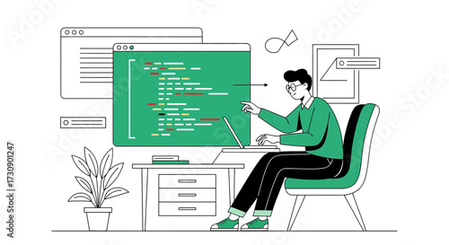 Illustration of a programmer working on code at his desk in a minimalist style