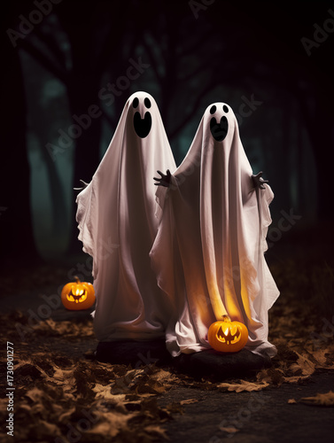 spooky ghost couple standing in dark autumn forest with glowing jack-o'-lanterns at night, a mysterious and haunting halloween scene perfect for the holiday. Helloween 