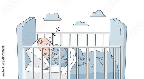 Illustration of a sleeping baby in a crib with clouds a serene and peaceful scene