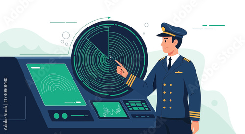 Illustration of a ship captain monitoring radar system with vector graphics style on navy bridge