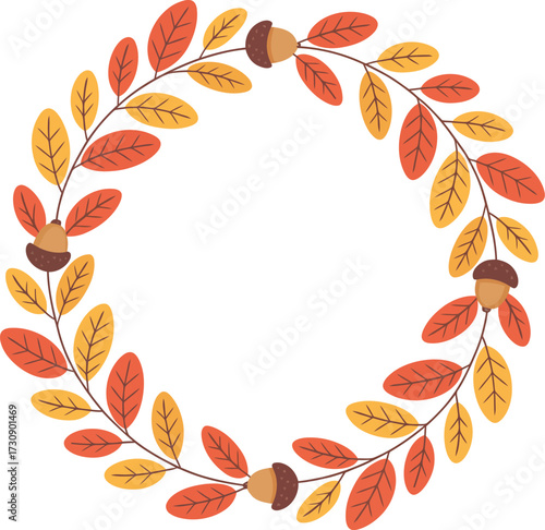 Festive autumn wreath with colorful leaves and acorns, perfect for seasonal greetings