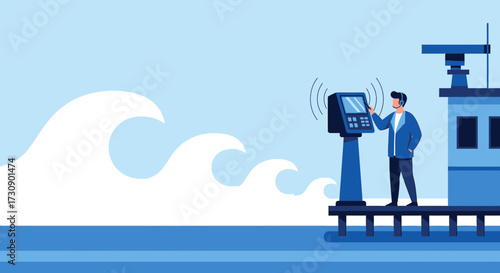 Illustration of a ship officer monitoring navigation system at sea with waves background a modern