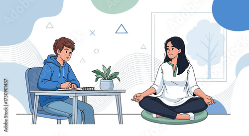Illustration of a student studying while his mother meditates in a bright room for stress