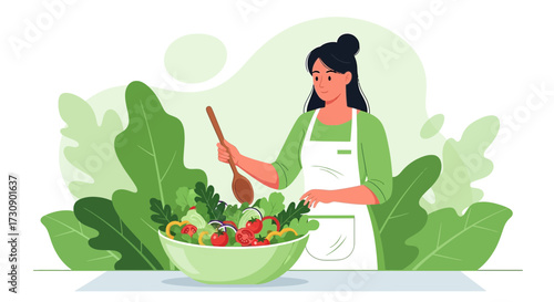 Illustration of a woman preparing a healthy salad with fresh vegetables and herbs and wooden