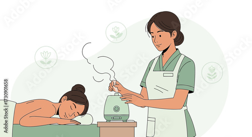 Illustration of a woman receiving aromatherapy massage in a relaxing spa setting